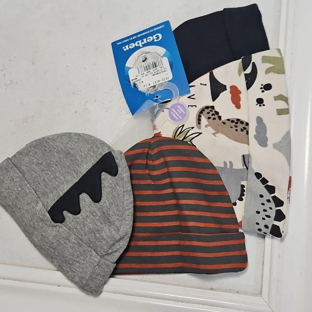 NWT Le Bebe Tractor and Geometric Bandana Bibs and Gerber Beanie Hat Set
